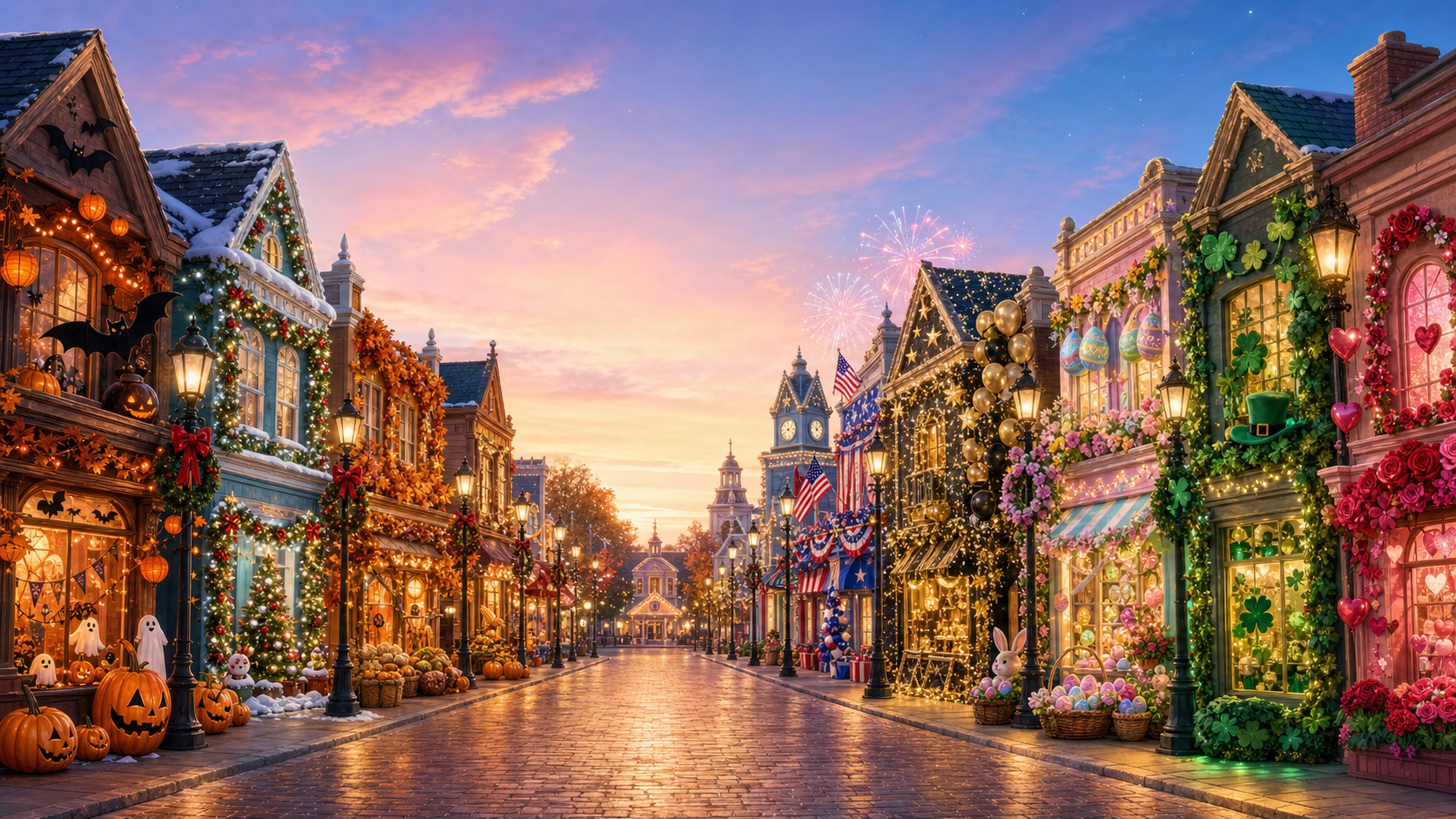 Illustrated festive main street with storefronts decorated for Halloween, Christmas, Thanksgiving, Fourth of July, New Year's Eve, Easter, St. Patrick's Day, and Valentine's Day